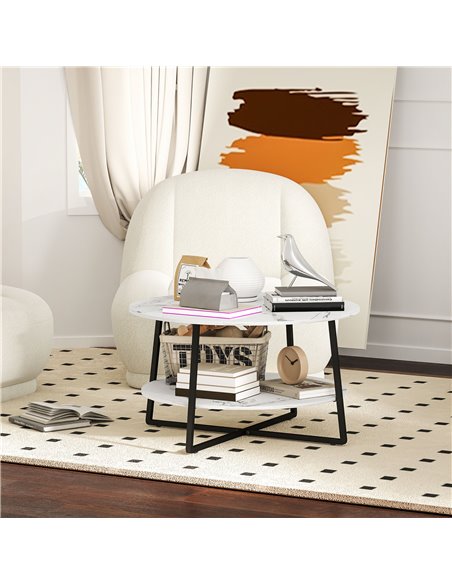 HOMCOM 2-Tier Round Coffee Table with Storage Shelf, Living Room Table with Marble Effect Top and Steel Frame, White 83B-122V00W - pic 99809 | FastDaddyshop
