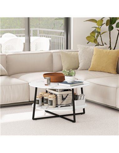 HOMCOM 2-Tier Round Coffee Table with Storage Shelf, Living Room Table with Marble Effect Top and Steel Frame, White 83B-122V00W