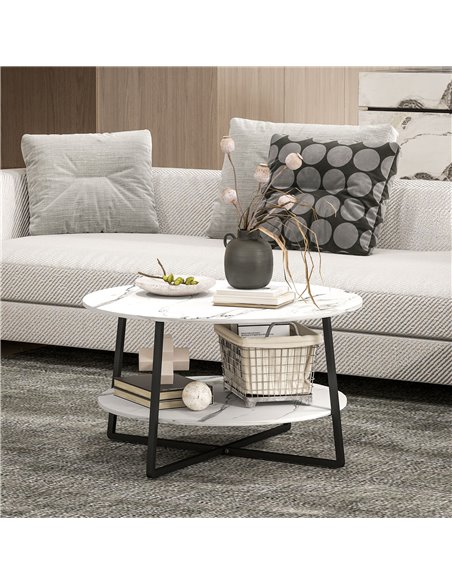 HOMCOM 2-Tier Round Coffee Table with Storage Shelf, Living Room Table with Marble Effect Top and Steel Frame, White 83B-122V00W - pic 99811 | FastDaddyshop