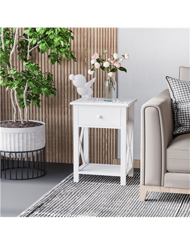 HOMCOM End Table, Sofa Side Table with Drawer X Bar Bottom Storage Shelf, Nightstand Bedside Table for Bedroom or Living Room Wh