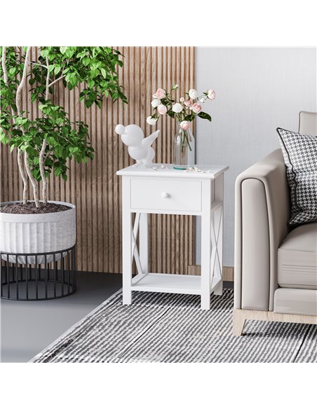 HOMCOM End Table, Sofa Side Table with Drawer X Bar Bottom Storage Shelf, Nightstand Bedside Table for Bedroom or Living Room Wh - pic 99813 | FastDaddyshop