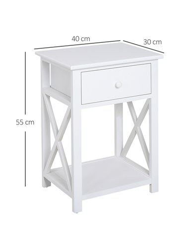 HOMCOM End Table, Sofa Side Table with Drawer X Bar Bottom Storage Shelf, Nightstand Bedside Table for Bedroom or Living Room Wh