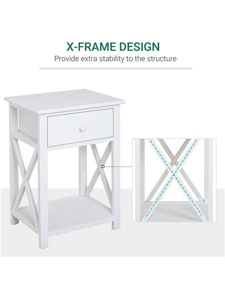 HOMCOM End Table, Sofa Side Table with Drawer X Bar Bottom Storage Shelf, Nightstand Bedside Table for Bedroom or Living Room Wh - pic 99815 | FastDaddyshop