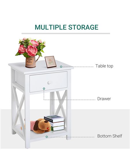 HOMCOM End Table, Sofa Side Table with Drawer X Bar Bottom Storage Shelf, Nightstand Bedside Table for Bedroom or Living Room Wh - pic 99816 | FastDaddyshop