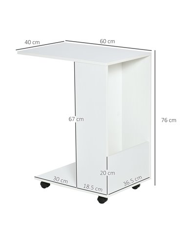 HOMCOM Mobile Sofa Side Table C-Shape End Table with Storage and Casters for Laptop Coffee Snack, White 838-143WT