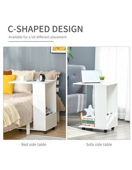 HOMCOM Mobile Sofa Side Table C-Shape End Table with Storage and Casters for Laptop Coffee Snack, White 838-143WT - pic 99869 | FastDaddyshop