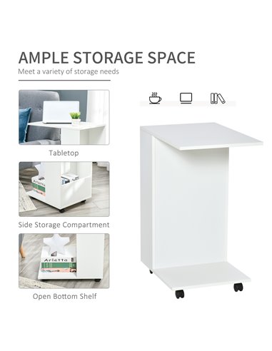 HOMCOM Mobile Sofa Side Table C-Shape End Table with Storage and Casters for Laptop Coffee Snack, White 838-143WT