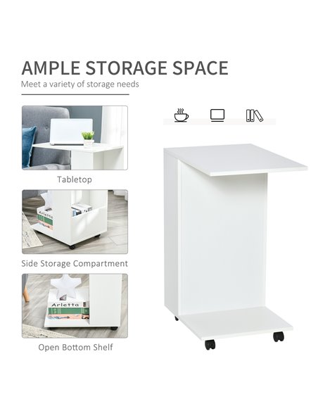 HOMCOM Mobile Sofa Side Table C-Shape End Table with Storage and Casters for Laptop Coffee Snack, White 838-143WT - pic 99870 | FastDaddyshop