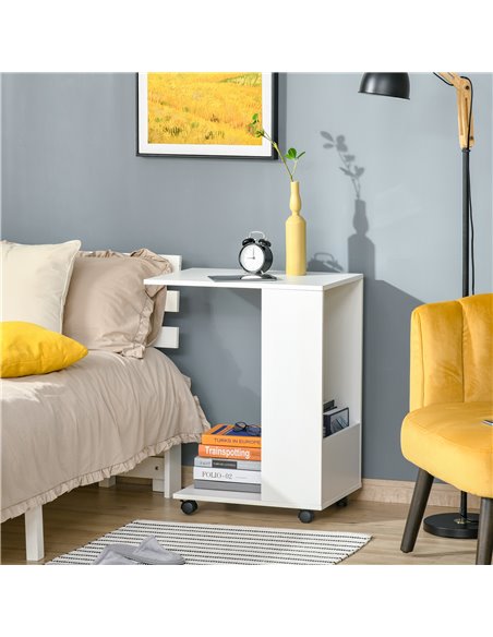 HOMCOM Mobile Sofa Side Table C-Shape End Table with Storage and Casters for Laptop Coffee Snack, White 838-143WT - pic 99873 | FastDaddyshop