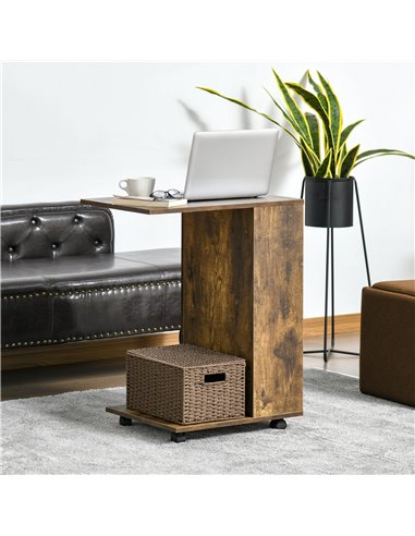 HOMCOM Mobile Sofa Side Table C-Shape End Table with Storage and Casters for Laptop Coffee Snack, Rustic Brown 838-143BN