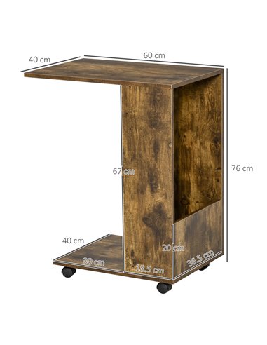 HOMCOM Mobile Sofa Side Table C-Shape End Table with Storage and Casters for Laptop Coffee Snack, Rustic Brown 838-143BN