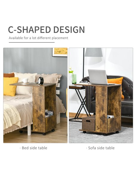 HOMCOM Mobile Sofa Side Table C-Shape End Table with Storage and Casters for Laptop Coffee Snack, Rustic Brown 838-143BN - pic 99878 | FastDaddyshop