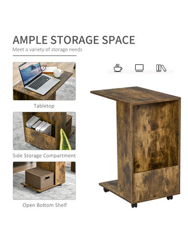 HOMCOM Mobile Sofa Side Table C-Shape End Table with Storage and Casters for Laptop Coffee Snack, Rustic Brown 838-143BN