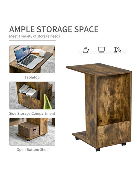 HOMCOM Mobile Sofa Side Table C-Shape End Table with Storage and Casters for Laptop Coffee Snack, Rustic Brown 838-143BN - pic 99879 | FastDaddyshop