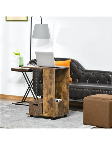 HOMCOM Mobile Sofa Side Table C-Shape End Table with Storage and Casters for Laptop Coffee Snack, Rustic Brown 838-143BN