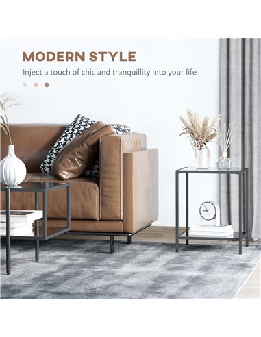 HOMCOM Side Table with Tempered Glass Top, End Table with 2-Tier Storage, Classic Accent Table with Steel Frame, Black 839-434V0