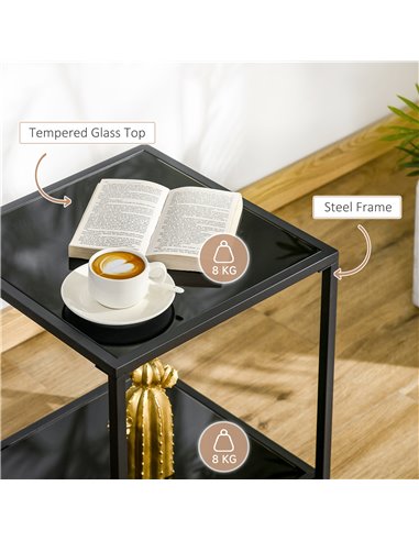 HOMCOM Side Table with Tempered Glass Top, End Table with 2-Tier Storage, Classic Accent Table with Steel Frame, Black 839-434V0