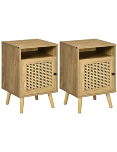 HOMCOM Bedside Table with Rattan Element, Side End Table with Shelf and Cupboard, 39cmx35cmx60cm, Set of 2, Natural 831-599V03ND