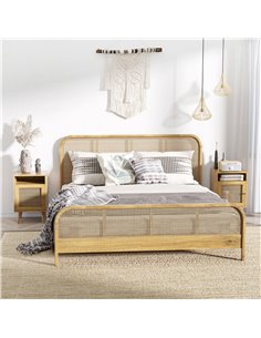 HOMCOM Bedside Table with Rattan Element, Side End Table with Shelf and Cupboard, 39cmx35cmx60cm, Set of 2, Natural 831-599V03ND 2