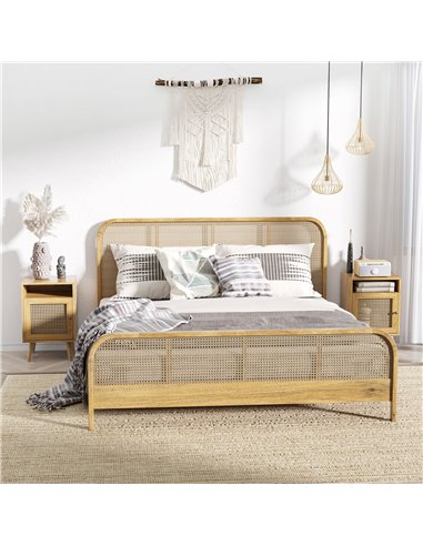 HOMCOM Bedside Table with Rattan Element, Side End Table with Shelf and Cupboard, 39cmx35cmx60cm, Set of 2, Natural 831-599V03ND