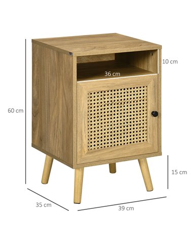HOMCOM Bedside Table with Rattan Element, Side End Table with Shelf and Cupboard, 39cmx35cmx60cm, Set of 2, Natural 831-599V03ND