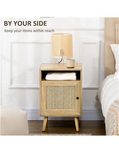 HOMCOM Bedside Table with Rattan Element, Side End Table with Shelf and Cupboard, 39cmx35cmx60cm, Set of 2, Natural 831-599V03ND