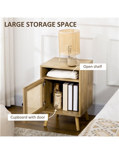 HOMCOM Bedside Table with Rattan Element, Side End Table with Shelf and Cupboard, 39cmx35cmx60cm, Set of 2, Natural 831-599V03ND