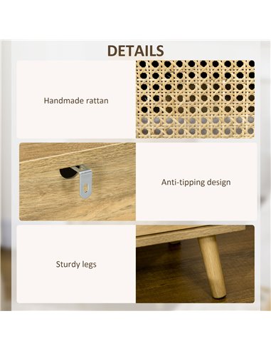 HOMCOM Bedside Table with Rattan Element, Side End Table with Shelf and Cupboard, 39cmx35cmx60cm, Set of 2, Natural 831-599V03ND
