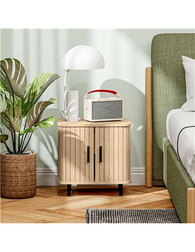 HOMCOM Bedside Table, Nordic Side Table with Roller Shutter Style Sliding Doors and Metal Legs for Bedroom, Living Room, Oak Ton
