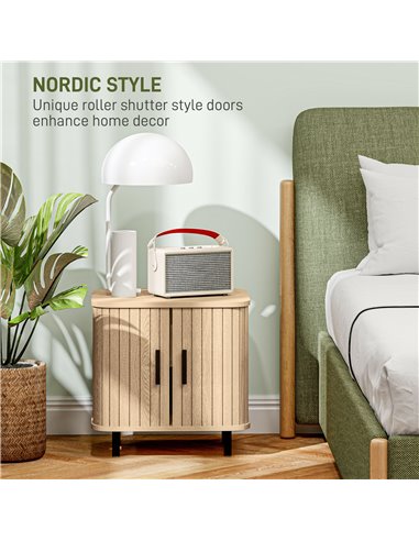 HOMCOM Bedside Table, Nordic Side Table with Roller Shutter Style Sliding Doors and Metal Legs for Bedroom, Living Room, Oak Ton