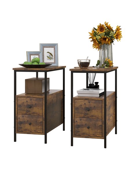 HOMCOM Set of 2 Side Table, Narrow Bedside Table with 2 Drawers and Storage Shelf, Industrial End Table with Metal Frame for Sma - pic 99992 | FastDaddyshop