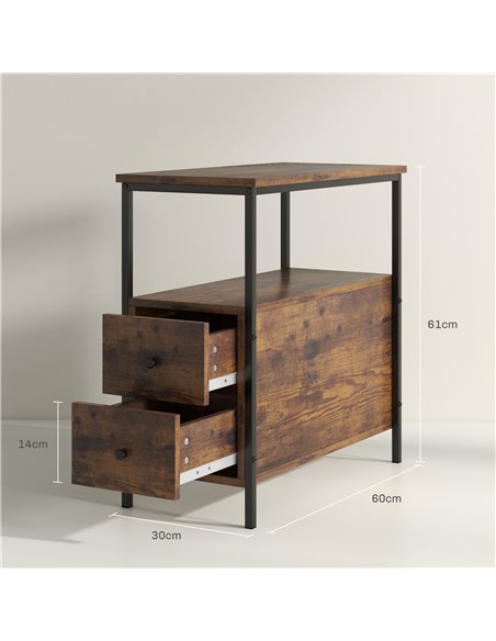HOMCOM Set of 2 Side Table, Narrow Bedside Table with 2 Drawers and Storage Shelf, Industrial End Table with Metal Frame for Sma - pic 99994 | FastDaddyshop