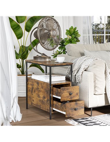 HOMCOM Set of 2 Side Table, Narrow Bedside Table with 2 Drawers and Storage Shelf, Industrial End Table with Metal Frame for Sma
