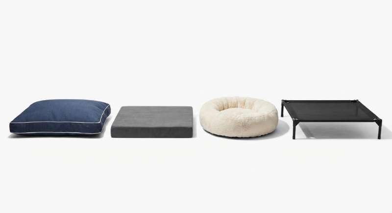 Four different types of dog beds including cushion bed, memory foam mattress, donut bolster bed, and elevated mesh bed.