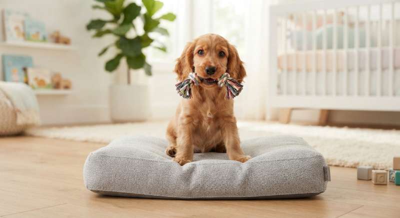 Cute 12 week old Cocker Spaniel puppy with a rope toy sitting on a small durable light grey puppy cushion bed.