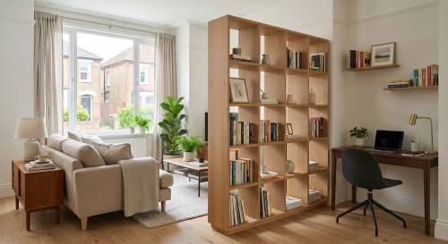Modern living room zoned into a relaxation area and a workspace using an open wooden bookshelf divider.