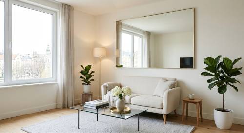 Compact living room with pale neutral walls, a large wall mirror, and slim-legged furniture to maximize light and space.