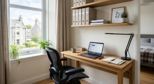 Compact and ergonomic home office desk setup with a laptop in a bright bedroom alcove workspace.
