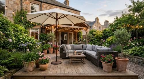Premium weatherproof garden patio furniture set on a wooden deck surrounded by green plants and outdoor lighting.