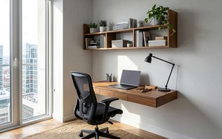 Minimalist home office setup with floating oak desk and organized storage shelves