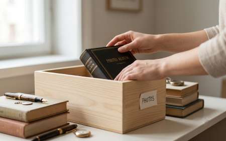 Person neatly packing a photo album into a wooden storage box during home decluttering