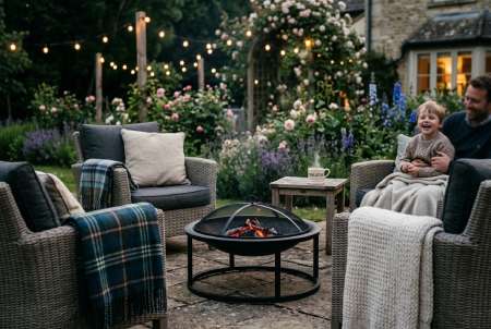 Cozy family staycation setup in a UK garden with a glowing fire pit, comfortable outdoor armchairs, and warm festoon lighting at dusk
