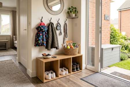 Organised entryway with a shoe storage bench, tiered wall hooks, and a basket holding dog leads and pet accessories