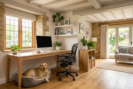 Modern UK home office desk and ergonomic chair set up in a living room with a dog resting on a cozy pet bed
