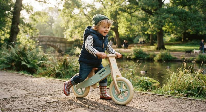 A young toddler building steering and balance skills on a lightweight children's balance bike in a UK park