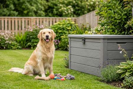 Dog sitting next to outdoor pet toys and a durable weatherproof garden storage box on a safe family lawn