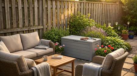 Cozy patio with outdoor furniture and a waterproof garden storage box next to lush plants